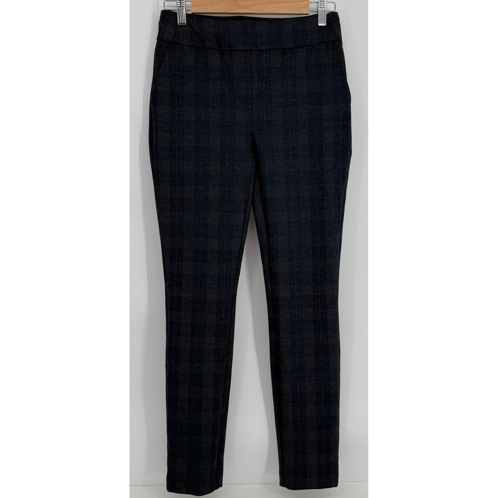 Dalia Womens Navy Plaid Pull On Slim Leg Trousers Stretch Pants Sz XS